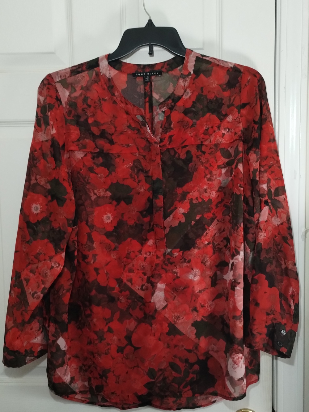 Plus Size Como Black Red Floral V-neck Sheer Blouse (A1)